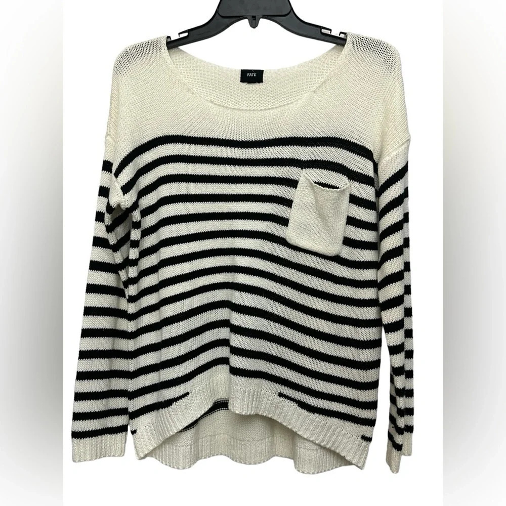 Fate Striped Loose Knit Sweater Size Small Front Pocket Nautical Coastal